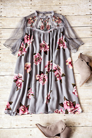 Floral Print Mock Neck Dress-Grey