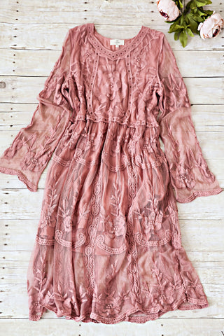 EMBROIDERED MESH DRESS-SALMON