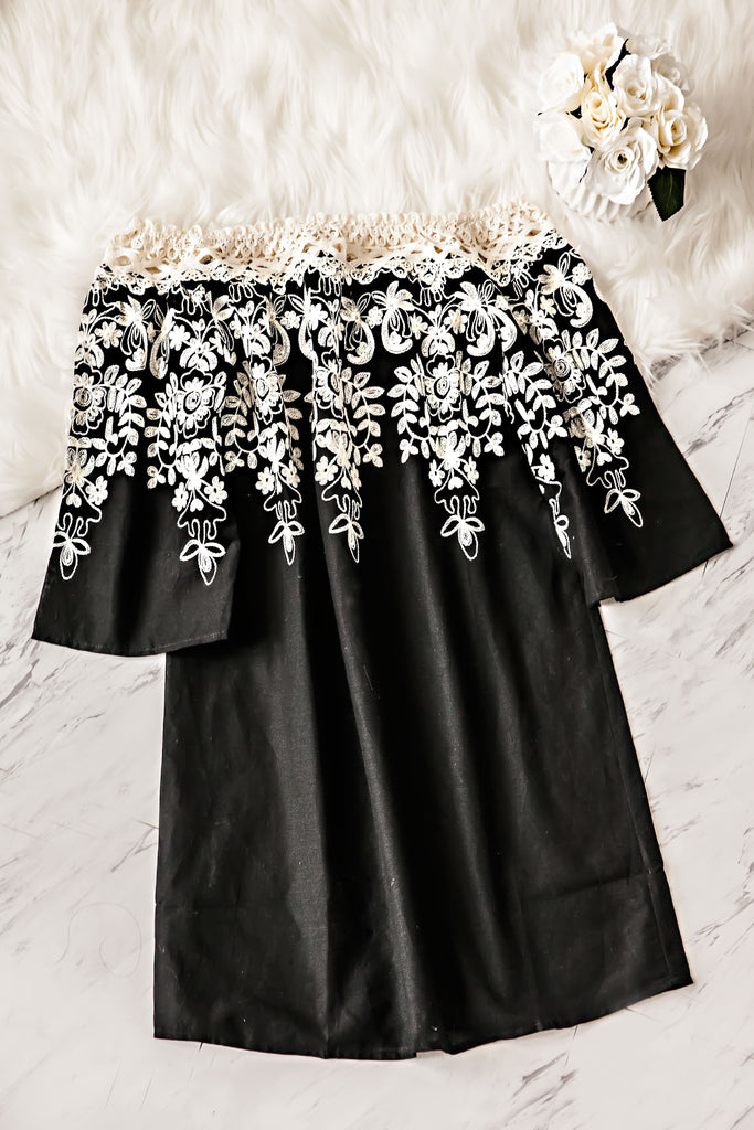 LOUISE OFF THE SHOULDER EMBROIDERED DRESS-BLACK