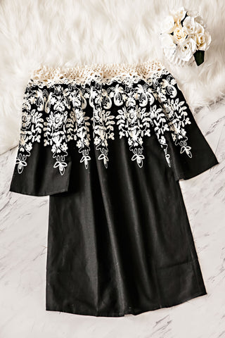 LOUISE OFF THE SHOULDER EMBROIDERED DRESS-BLACK