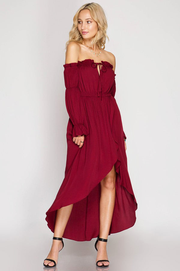 Long Sleeve Off Shoulder Maxi Dress-Red