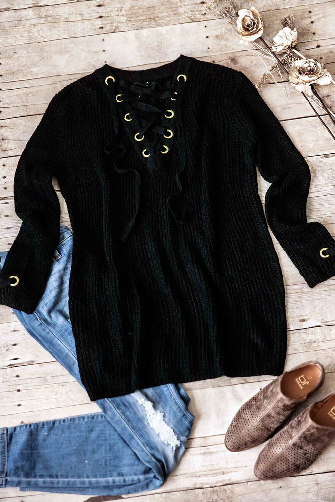 LACE-UP SWEATER -BLACK