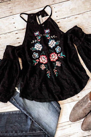COLD SHOULDER LACE DETAIL TOP WITH EMBROIDERY-BLACK