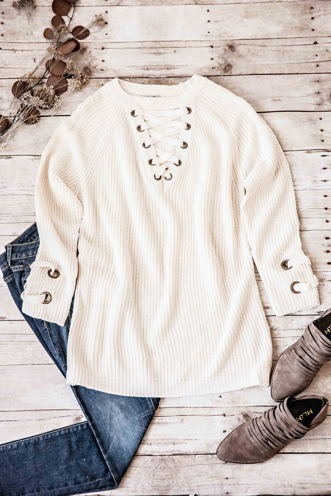 SELENE LACE-UP SWEATER-IVORY