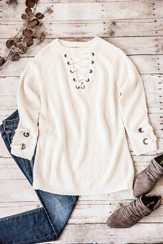 SELENE LACE-UP SWEATER-IVORY