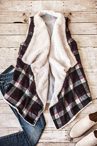 PLAID FAUX FUR LINING VEST-BLACK