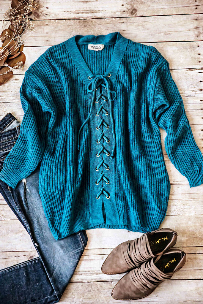 LOVELY LACE-UP SWEATER-TEAL