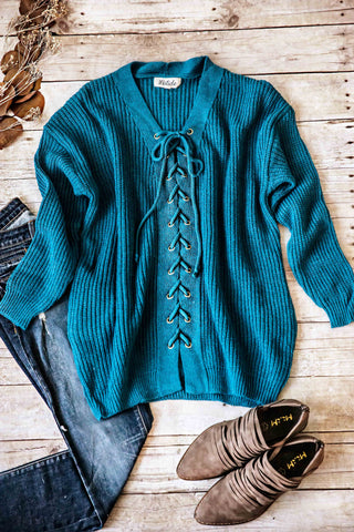 LOVELY LACE-UP SWEATER-TEAL