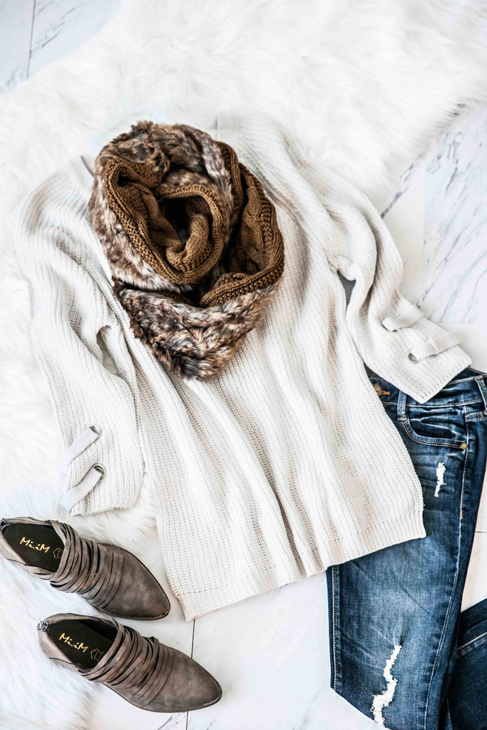 FAUX FUR & KNIT SCARF- BROWN