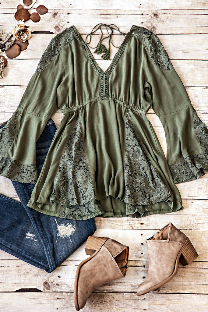 Here To Stay Lace Details Top-Olive