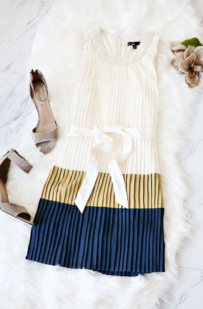 Pearl Neckline Pleated Dress