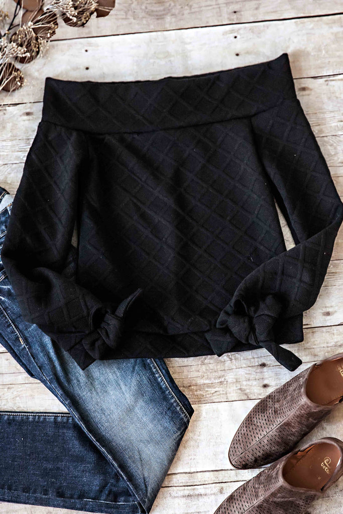 OFF SHOULDER CUFF TIE TOP-BLACK