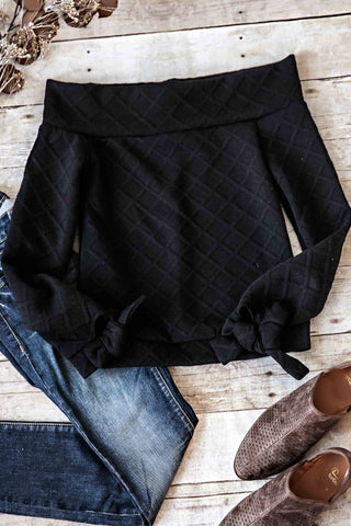 OFF SHOULDER CUFF TIE TOP-BLACK