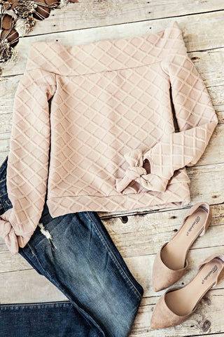 Off Shoulder Cuff Tie Top-Taupe