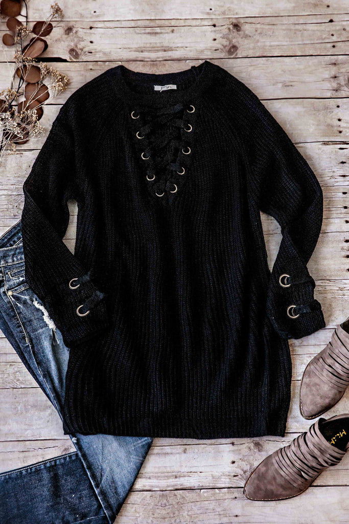 SELENE LACE-UP SWEATER-BLACK