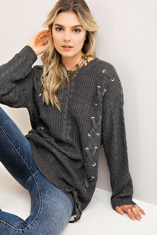 Self-Tie Detail Sweater-Charcoal