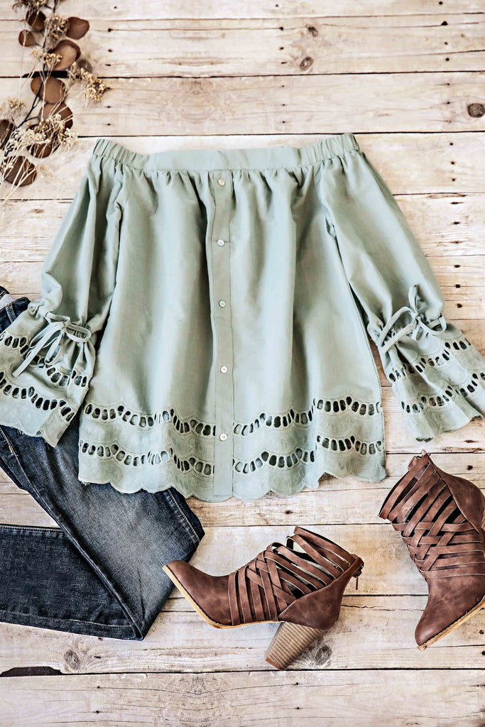 Off The Shoulder Eyelet Details Top-Sage