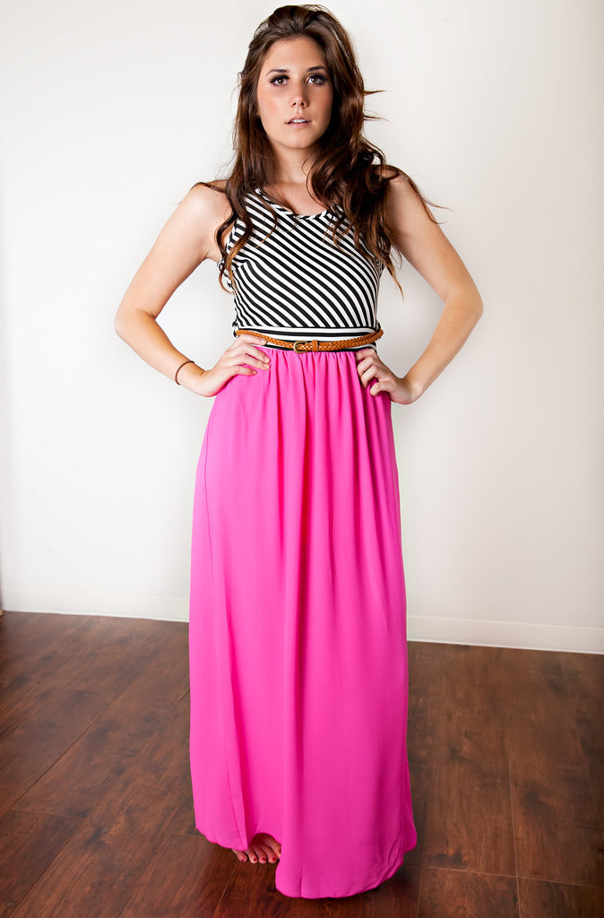 Youth Vote Striped Maxi Dress-Hot Pink