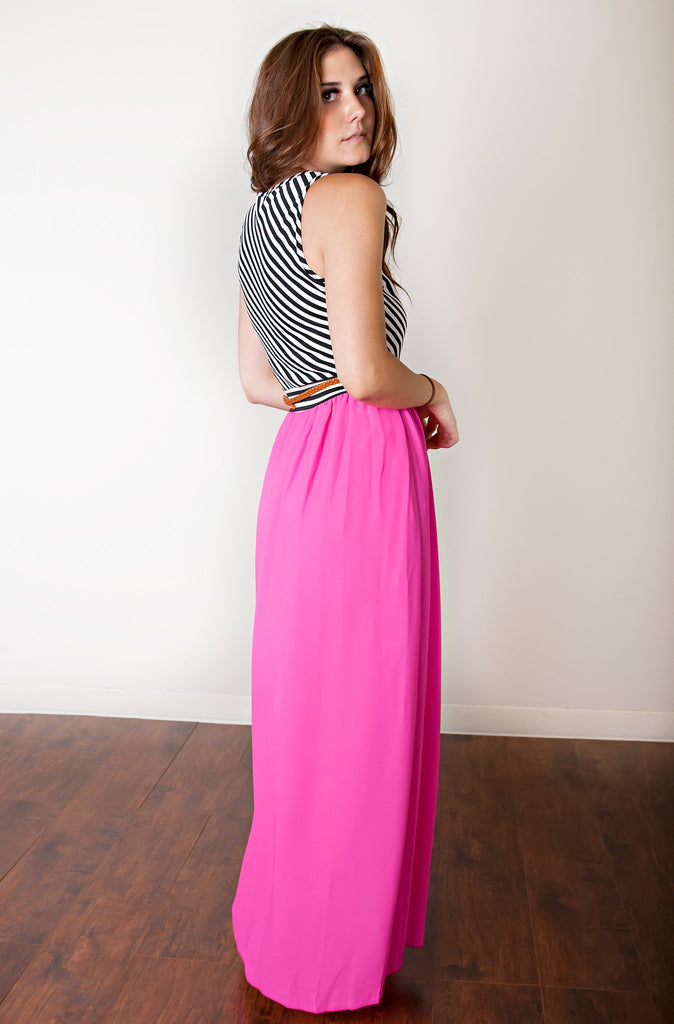 Youth Vote Striped Maxi Dress-Hot Pink