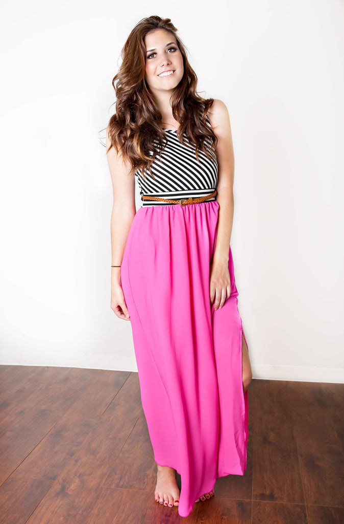 Youth Vote Striped Maxi Dress-Hot Pink
