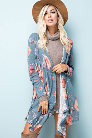 Maren Floral Cardigan-Teal