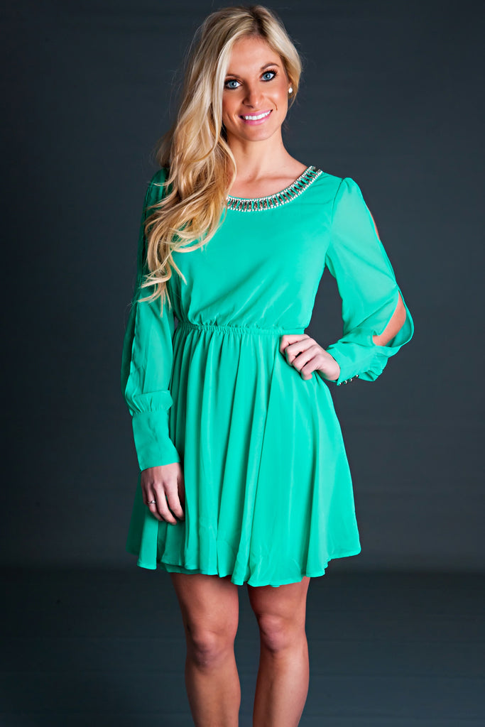 Jeweled Neckline Dress-Mint