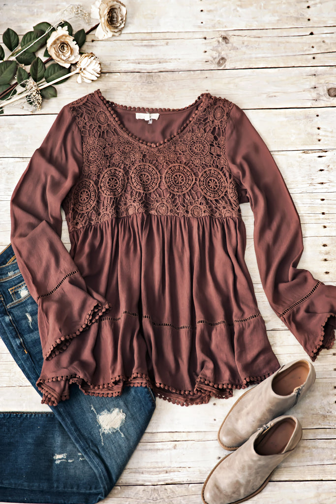 Look Out Crochet Details Top-Brown