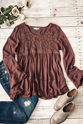 Look Out Crochet Details Top-Brown