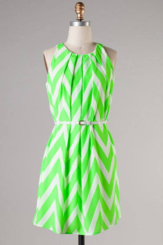 Chevron Neon Green Belted Dress-CLEARANCE FINAL SALE