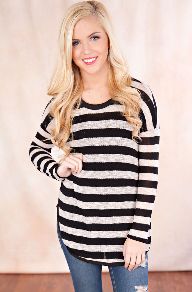 Off We Go Striped Elbow Patch Top-Black