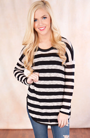 Off We Go Striped Elbow Patch Top-Black