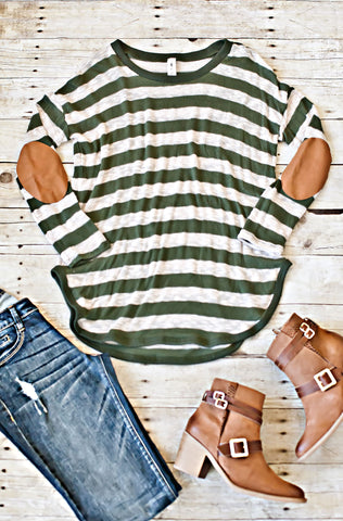 Off We Go Striped Elbow Patch Top-Olive
