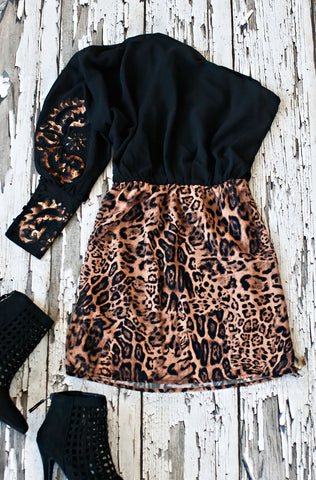 One Shoulder Leopard Print Dress-Black