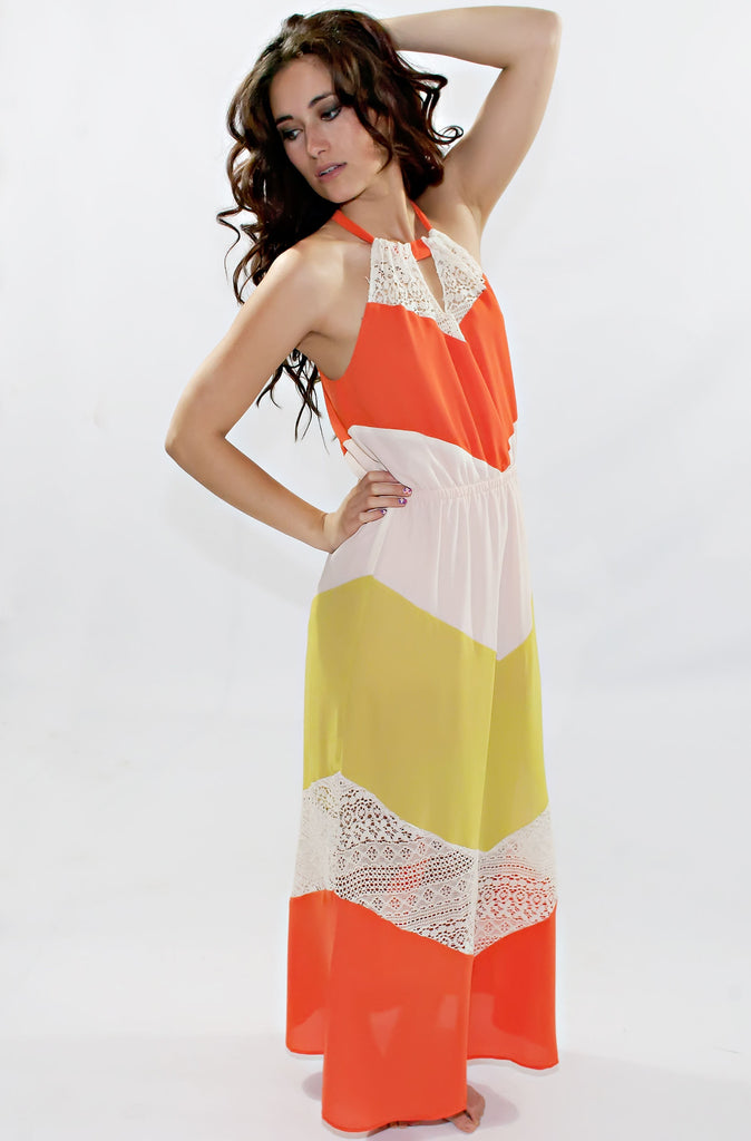 Ivory Green Chevron Lace Maxi Dress