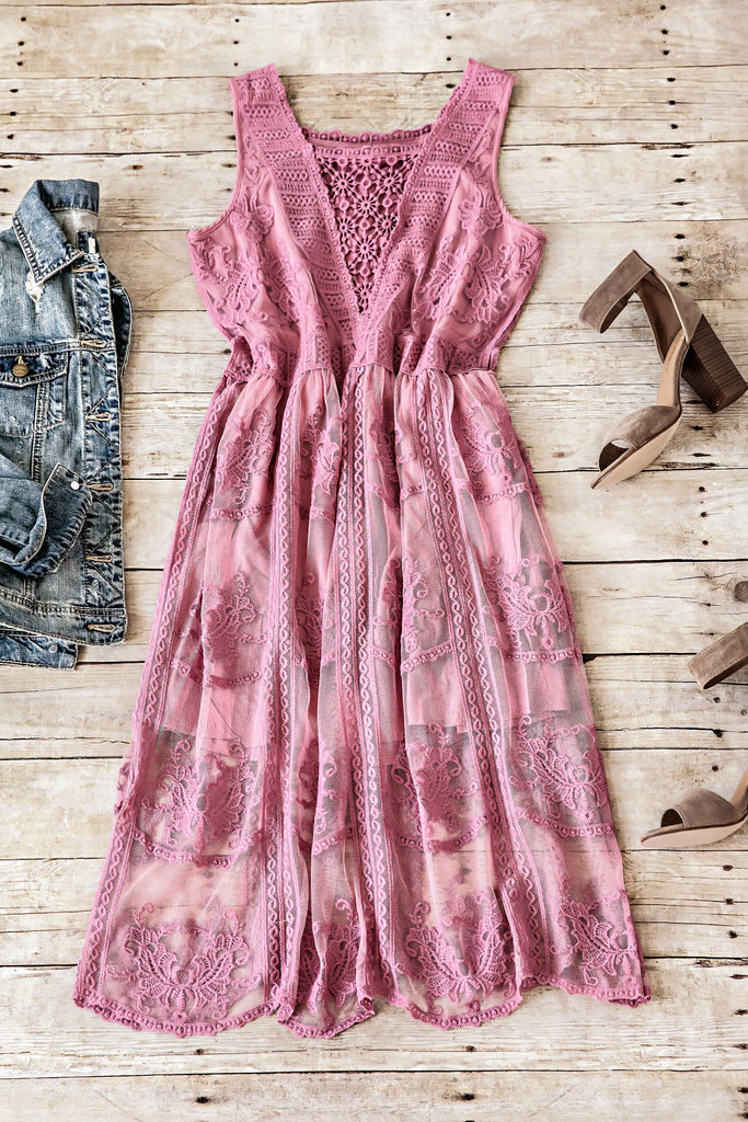 GOLDEN LIGHT CROCHET EMBROIDERED DRESS-DUSTY PINK