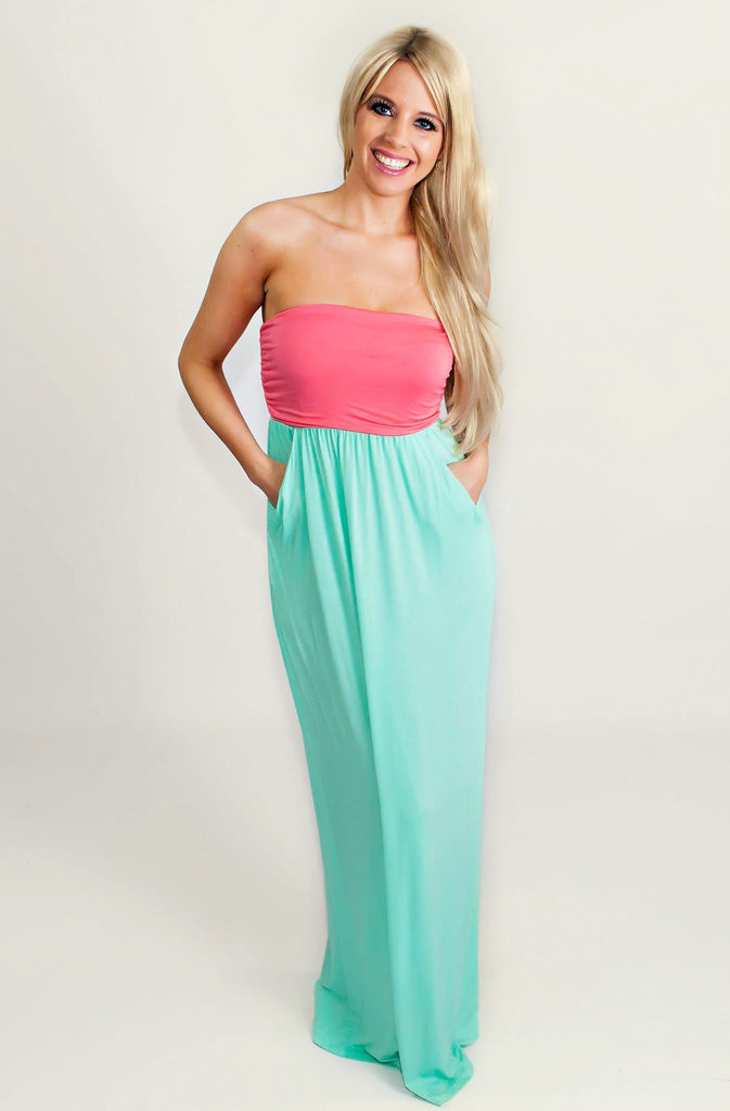 Pink Aqua Strapless Maxi Dress