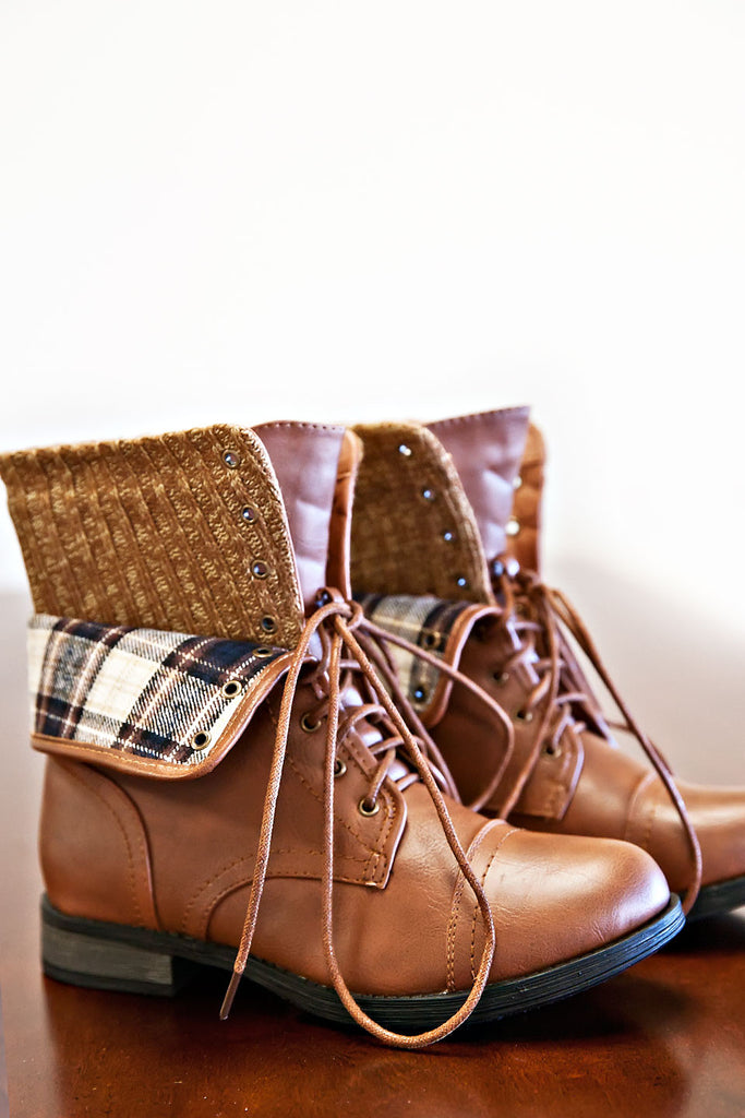 Can't Decide Plaid Lace Up Boots-Tan