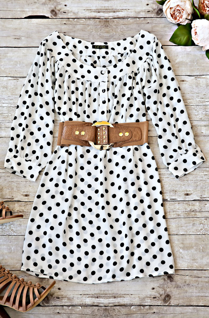 Polka Dot Belted Dress-Black/White