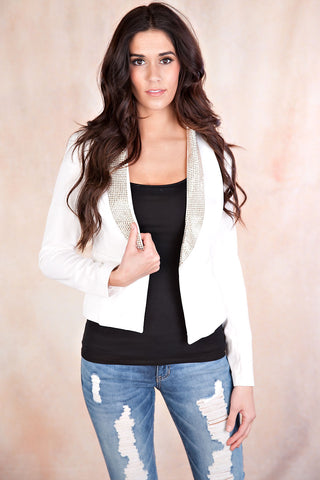 Rhinestone Embellished Blazer-White