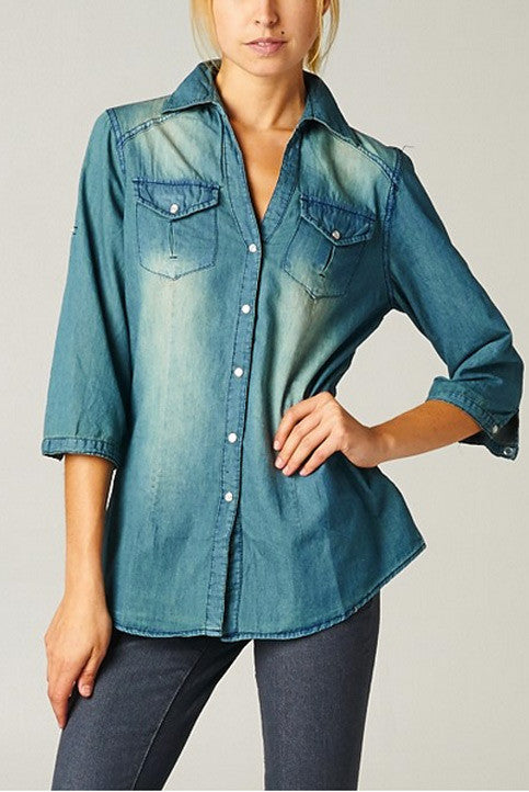 Roll Tab Sleeve Denim Top