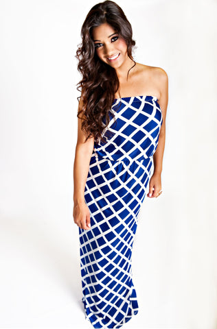 Royal Blue And White Trellis Maxi Dress