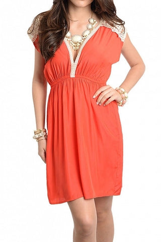 Embrace Lace Details Dress-Coral