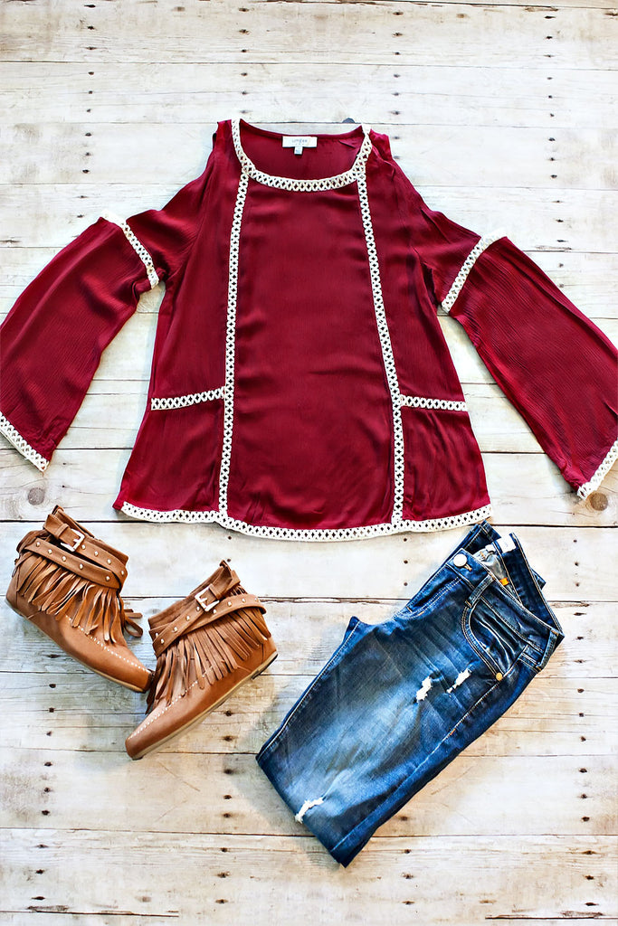 Touch Down Open Shoulder Top-Crimson