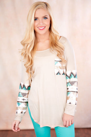 Sequin Details Top-Taupe