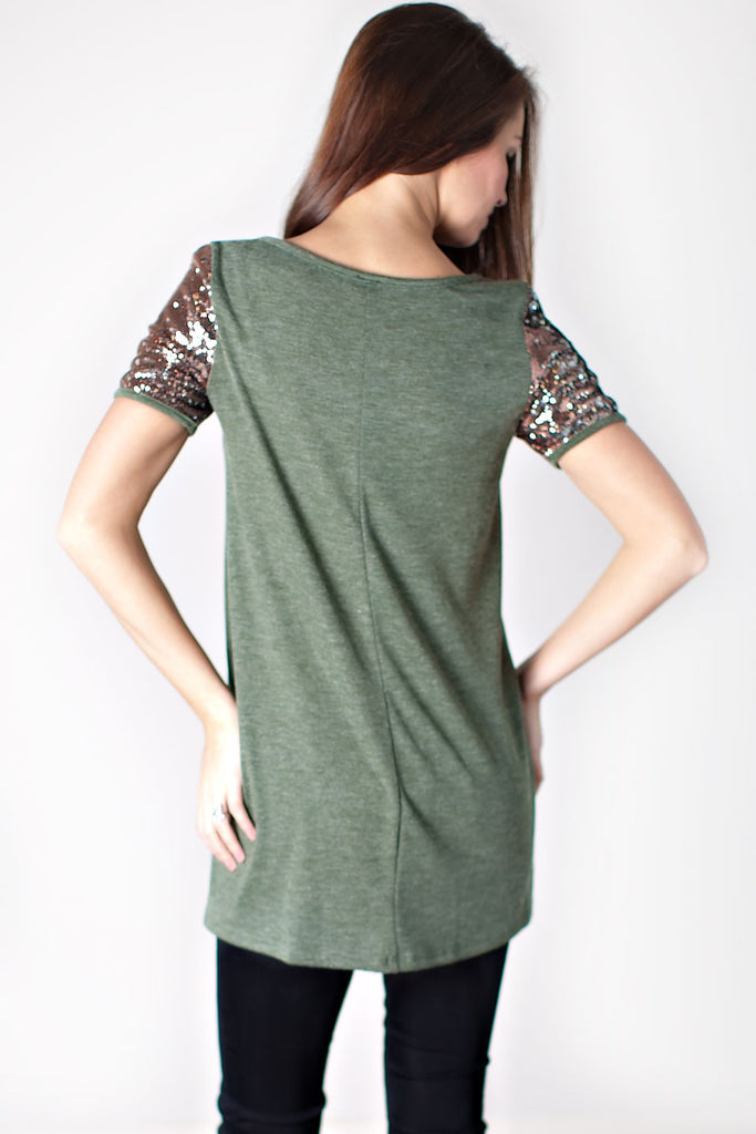 Sequin Sleeves Top-Green