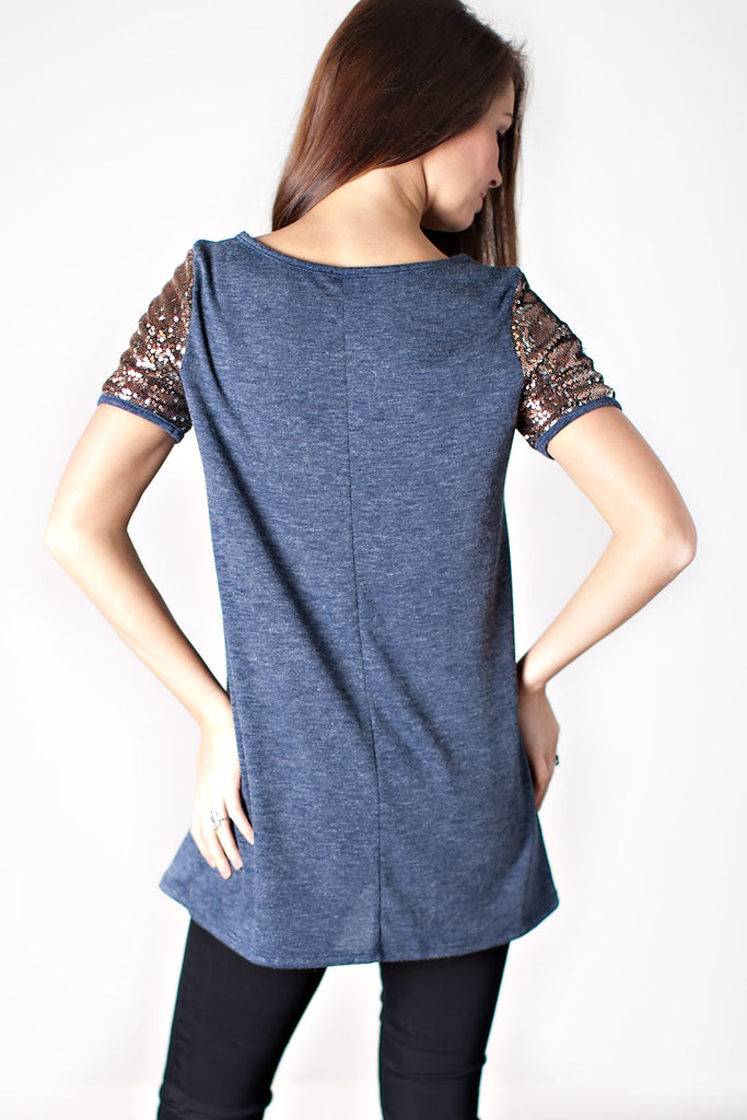 Sequin Sleeves Top-Blue