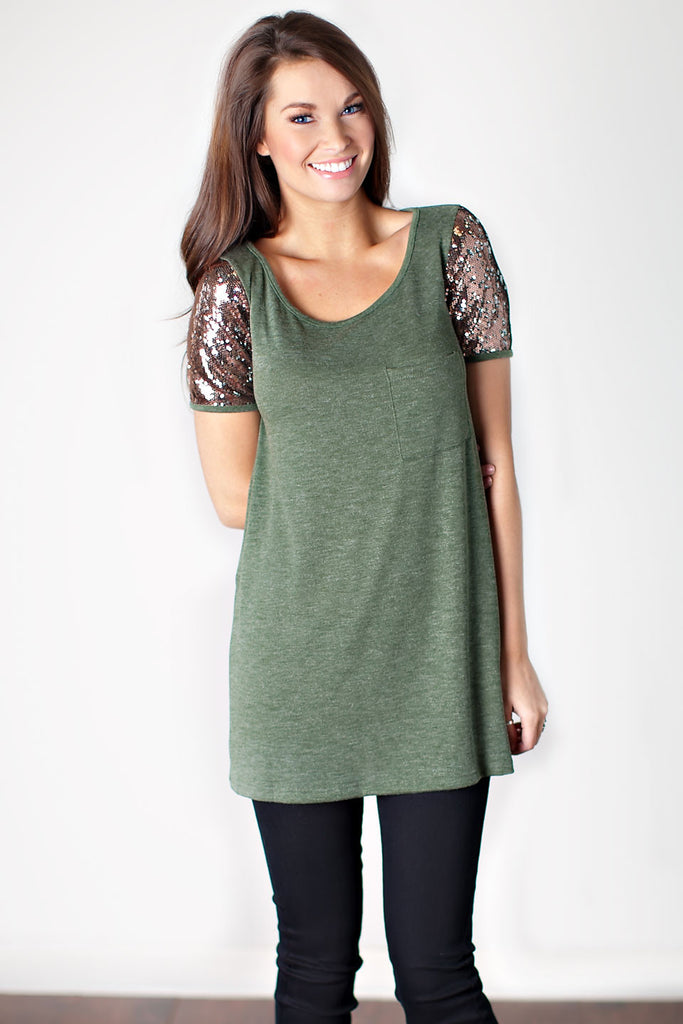 Sequin Sleeves Top-Green