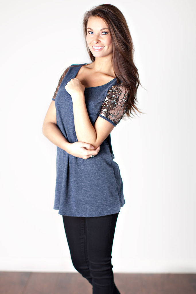 Sequin Sleeves Top-Blue