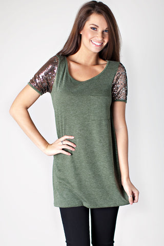 Sequin Sleeves Top-Green