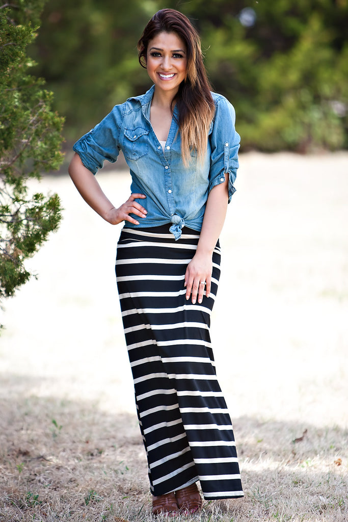 Line Upon Line Striped Skirt-Black Taupe